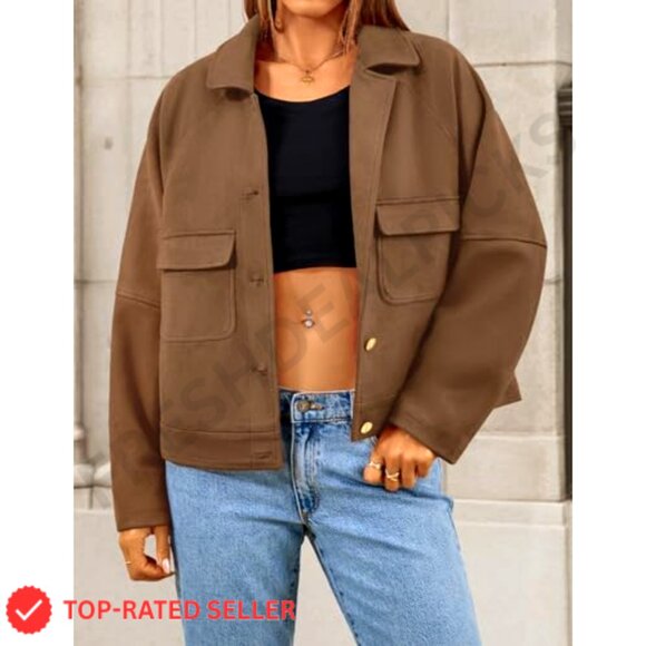 Faux Suede Cropped Jacket Casual Button Down Vintage Chic Y2K Trendy Shacket - Picture 3 of 6